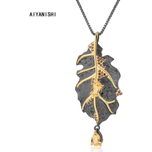 AIYANISHI 925 Sterling Silver Vintage Pendant Necklace Women Big Exaggerated Black Leaves Pendant Necklaces Jewelry Lady Gifts