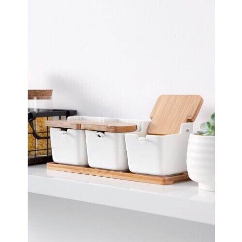 1SET Household Ceramic Japanese Bamboo Can Seasoning Bottle Jar Set Kitchen Spice Salt Pepper Tank with Bamboo Frame JO 1076