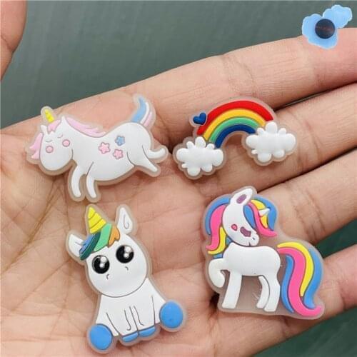 50pcs Wholesale PVC Luminou Rainbow Unicorn Garden Shoes Accessories Cool Shoe Decorations Fit Kids Adult Croc Jibz Charm