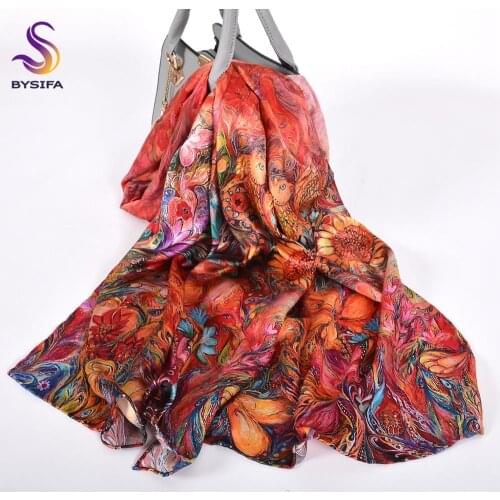 [BYSIFA]Women Luxury Silk Scarf Headscarf New Brand National Red Long Scarves Shawls Ladies Floral Style Fashion Pure Silk Scarf