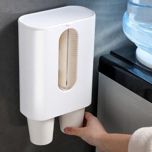 Household Disposable Paper Cup Holder Water Dispenser Dustproof Cup Holder Wall Mount Double Tube Paper Cup Rack-White