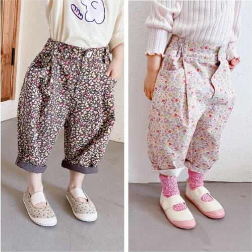 Childrens Pants 2021 Spring Baby Girls Korean Ankle-length Pants Casual Loose Floral Pants for Girl Kids Cotton Harem Trousers