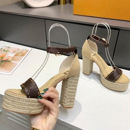 Womens Luxury Designer Chunky Platform High Heel Espadrille Sandal Black Classic Rope Sole Ankle Strap Summer Shoes Size 35-42