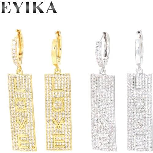 EYIKA Luxury Filled AAA Zircon Long Strip Letter LOVE Dangle Earrings Gold Silver Color Glossy Hoops Women Charm CZ Jewelry Gift