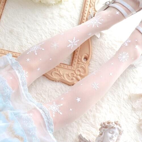 Pantyhose Women Lolita Stockings Snowflake Pattern Print Socks Girl Soft Sister Sweet Cute Loli Girl Dress Daily Ornaments