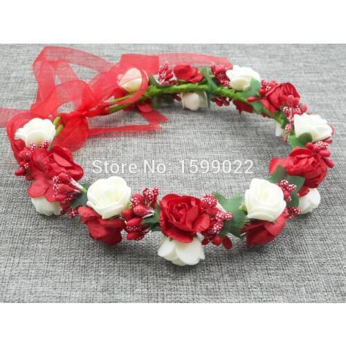 6pcs/lot Cute Flower Girl Crowns Tiaras Red and Ivory Wedding Hair Accessories for Bridesmaids Kids Women Girls Party Hairband