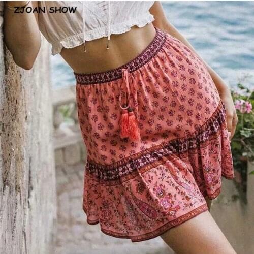 2020 Bohemian Cherry Printed A-line Mini Skirts Rayon Ruffles Pleated Girls Skirts Beach Holidays Boho Skirts
