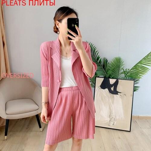 Miyake Fold Suit Autumn New Fashion Suit + Shorts Suit PLEATS Shorts Set Two-piece Set Blazer Set Shorts Feminino Trajes Mujer