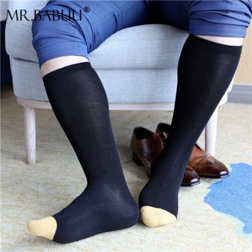 Mens striped thin and slightly transparent gold toe black navy blue business suit stretch mid-tube cotton socks