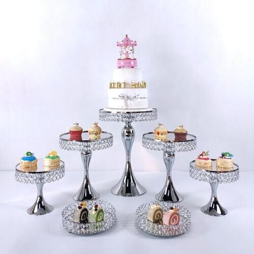 New arrive 7-9pcs silver Crystals Cake Stand Cupcake Stand Wedding Plates Set Metal Round Party Dessert Display Decor Tray