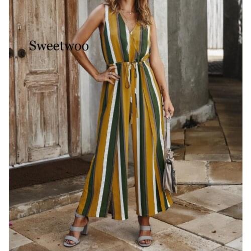 Casual Womens Summer Sleeveless V-neck Lace-up Jumpsuit Female Casual Stripes Printed Split Sexy Straight Trousers Vestidos