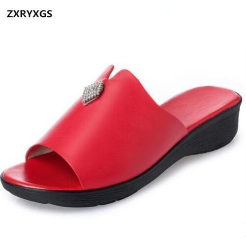 Rhinestone Genuine Leather Fashion Sandals Casual Shoes Summer Women Sandals Slippers Plus Size Women Shoes Flat Wedges Sandals