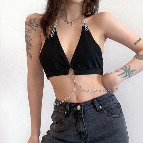 SEASONS Black Sexy Backless Halter Tops Women Deep V Neck Crop Top Tees With Chains Ladies Summer Sleeveless Camisole ASVE82778