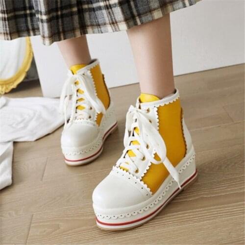 PXELENA 9 Candy Color Girls Cosplay Uniform JK Ankle Boots Women Platform Wedge High Heels Shoes 2021 Fall Spring Large Size 48