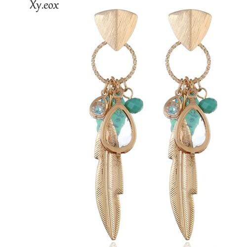 Gold Color Metal Leaf Pendant Earring Jewelry,Fashion Green Howlite Bead Bohemia Dangle Earring