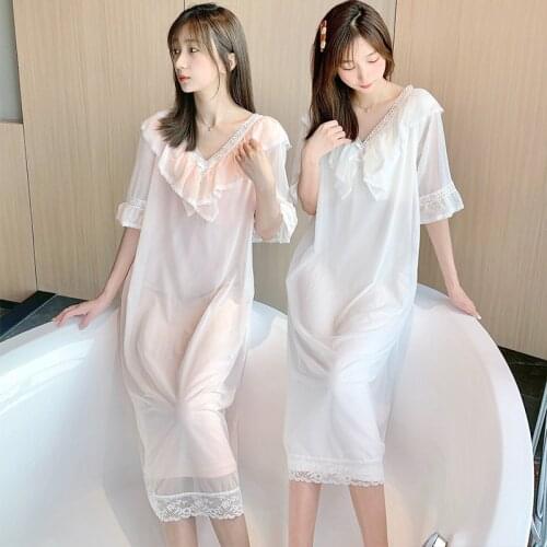 2021 Summer Short Sleeve Sweet Lace Princess Nightgowns for Women V-neck Long Dress Sleepwear Night Dress Nightdress Home Nighty