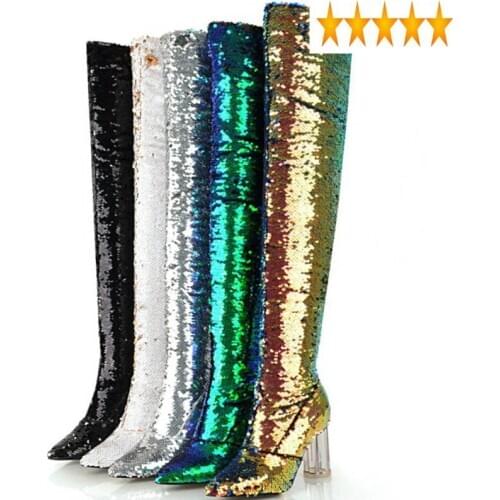 Women Plus Size Runway Sequins Crystal Block Heel Over The Knee Sexy Heels Party Clubnight Thigh High Boots