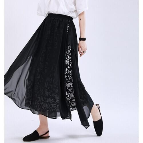 Johnature New Original Fake Two Pieces Patchwork Chiffon Women Wide Leg Pants 2021 Summer Letter Print Ankle-length Pants