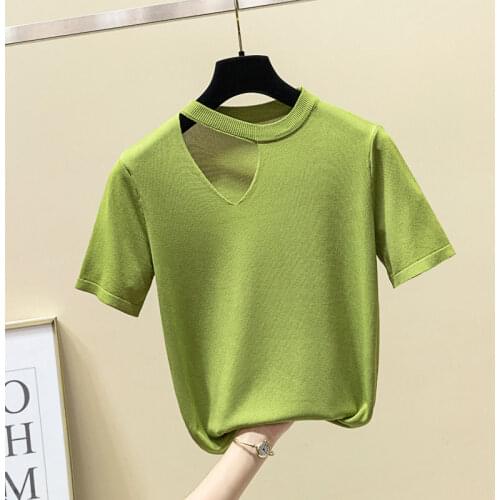 Off Shoulder Tops For Women Korean Style Knitted T Shirt Summer Short Sleeve Avocado Green Ladies Short Sleeve Casual White Gray
