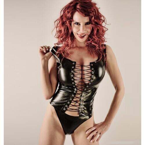 Wonder beauty Sexy Lace Up Bodysuit Black PU PVC Faux leather Sleeveless Romper Women Jumpsuit Overalls Bodycon Jumpsuit