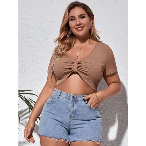4XL Plus Size Crop Tops Women 2021 Fashion Summer V Neck Short Sleeve Sexy Tops Large Size Women Clothing