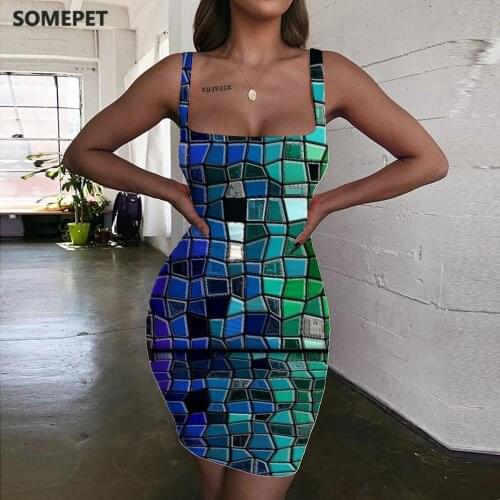 SOMEPET Geometry Dresses Women Colorful Sundress Abstract Halter Sleeveless Painting Vestido Sexy Womens Clothing Club Short