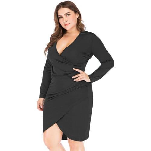 Women Plus Size 5XL Deep V Neck Irregular Placket Dress Long Sleeve Draped Casual Solid Slit Bodycon Dress Party Vestidos