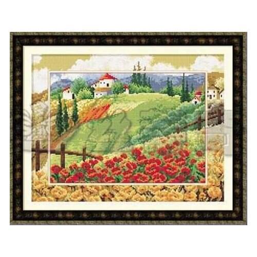 Gold Collection Beautiful Counted Cross Stitch Kit Mono Scenery Poppy Filed Land Farm Village Countryside Country dome