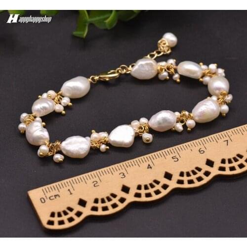 Elegant Women Baroque Freshwater Pearl Bracelets Glitter Gold Chain Women Jewelry Gifts Hand Chain Bangle 19.5cm