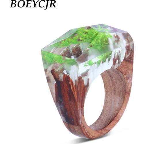 BOEYCJR Green Color Wood Resin Rings Fashion Jewelry The Underwater Seaweed in the Glass Novel Wood Rings for Women