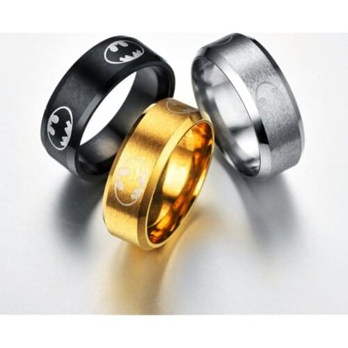 8MM Width Stainless Steel Bat Rings For Men Vintage Fashion Black/Gold/Silver Color Titanium Steel Ring Male Halloween Jewelry