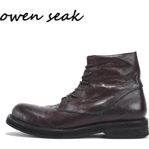 Owen Seak Men Casual Shoes High-TOP Ankle Riding Boots Retro Genuine Leather Sneakers Lace Up Luxury Trainers Flat Black Shoes