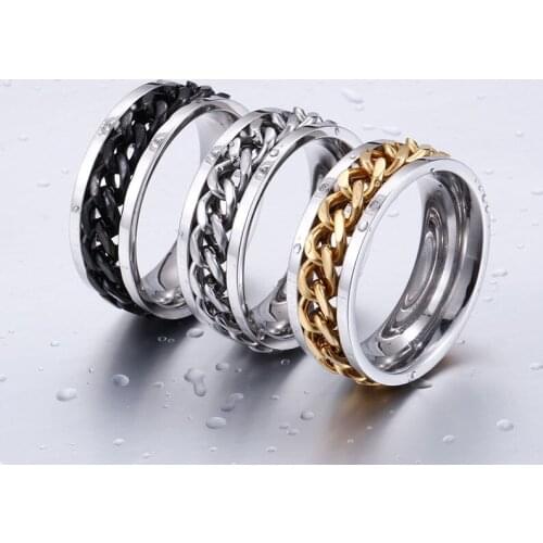 Vintage Rock spirit Chain Titanium Steel Skull Biker Gothic Punk 316L Stainless Ring For Men Retro Male Design Round Bands Rings