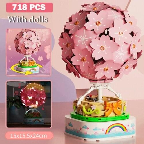 New 718Pcs Cherry Blossoms Hot Air Balloon Shining Music Box Rotating Sakura Building Blocks Bricks Toys for Children Girls Gift