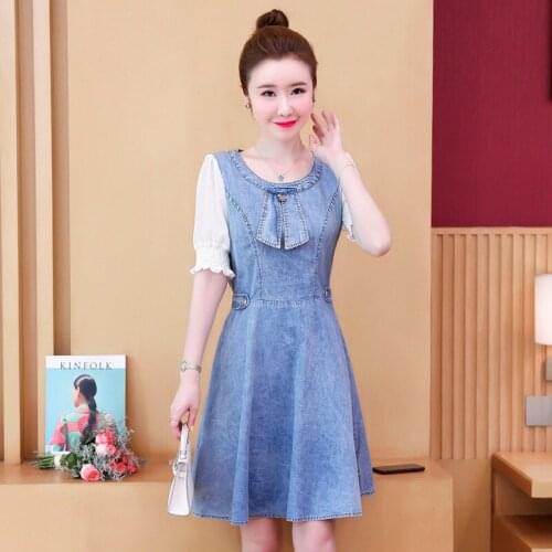 New Summer Women Dresses Plus Size Casual Collect Waist Slim O-Neck Button Patchwork Jeans Dress For Females Denim One-Piece