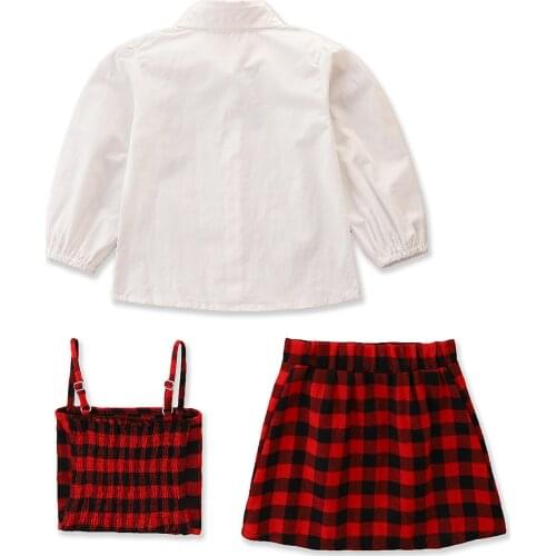 New 3Pcs Kids Summer Outfit, Solid Color Long Sleeve Shirt + Plaid Strappy Vest + Chain Skirt Suit for Girls, 1-6 Years