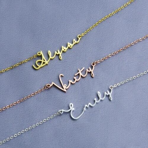 Womens Fashion Signature Name Necklace Nameplate Jewelry Stainless Steel Rose Gold Personalized Handwriting Letter Necklace BFF