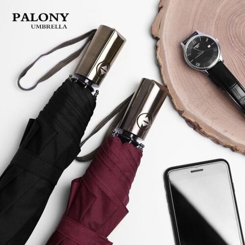 PALONY Fully-Automatic Three Folding Male Commercial Compact Large Strong Frame Windproof 10Ribs Gentle Black Umbrellas