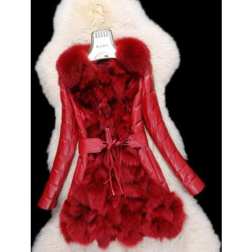 Real fur one piece slim fox fur coat medium-long 2019 female fur down coat sheepskin add feather