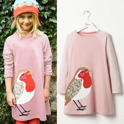 Striped Long Sleeve Bird Print Tunic Dress Top For Toddler Girls 1-7Y