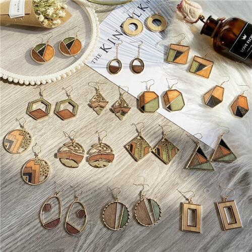 2020 New Vintage Statement Natural Wood Dangle Earrings For Women Fashion Bohemia Geometric Splicing Hollow Drop Earring Jewelry