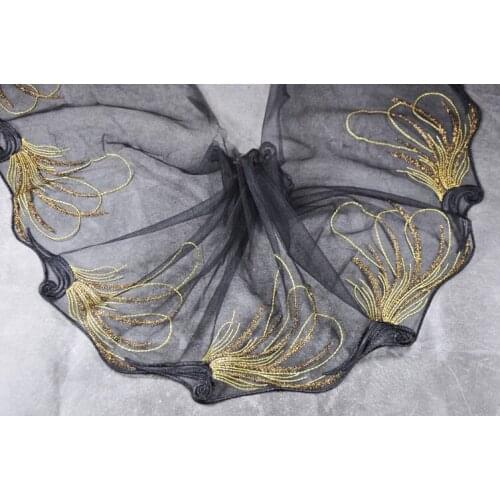 2Meters Black Mesh Net Golden Thread Lace Trim African Embroidered Fabrics DIY Crafts for Dress Sewing Clothing 24cm Width