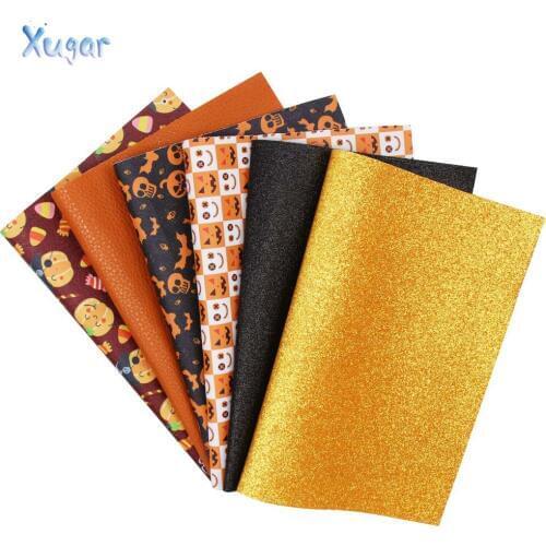 Xugar 6pcs 22*30cm Halloween Synthetic Leather Sheet Glitter Fabric Faux Leather for DIY Hair Bow Bags Accessories Crafts Fabric