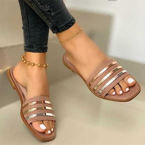 Woman Metal Decoration Slippers 2021 Summer Women Casual Slides Female Beach Shoes Ladies Flats Womens Footwear Plus Size 43