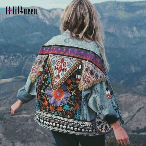 Women Loose Appliques Boho Jeans Jacket Autumn Outwear National Embroidery Casual Female Streetwear Sequined Jacket Denim Coats