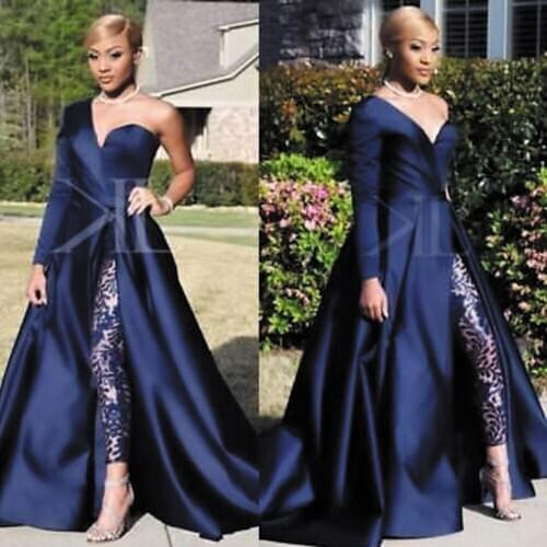 SuperKimJo Bridal Jumpsuit for Women Detachable Skirt Navy Blue Lace Applique Sparkly Pant Suit for Weddings 2021 Robe Femme