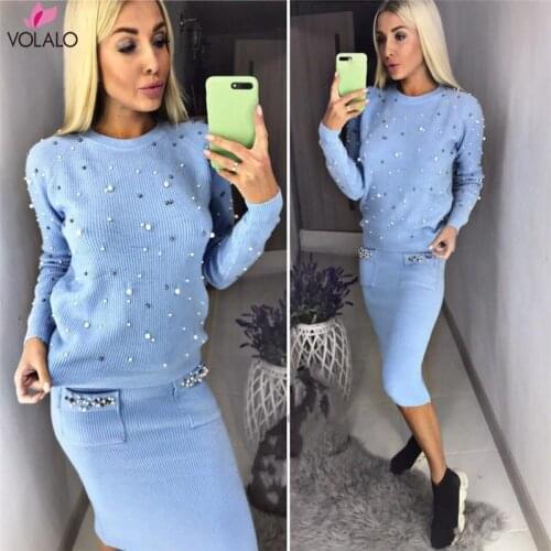 Women Two Piece Warm Set O-Neck Pearl Beading Knitted Pullover Pencil Skirt Women Elegant 2 Piece Suits