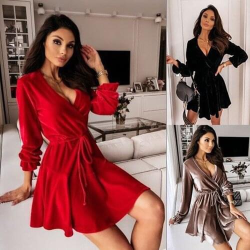 2021 Autumn And Winter Velvet Slim Sexy V Neck Solid Color Dress Women Elegant Party Club Lace Up Mini Dress Femme Robe Vestidos