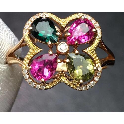 Tourmaline Ring 1.8ct Pure 18 K Gold Jewelry Natural Colorful Tourmaline Gemstones Diamonds Female Rings for Women Fine Ring
