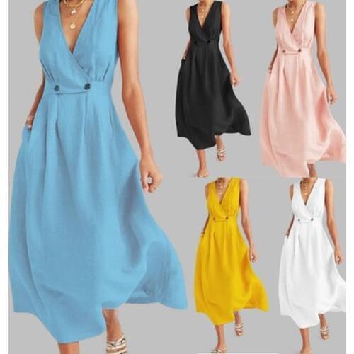 Plus Size Women Vintage Cotton Maxi Dress 2020 Summer New Sexy V Neck Sleeveless Long Dress White Button Loose Party Vestidos